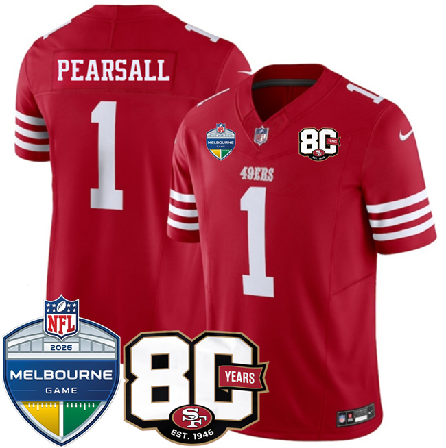 Men's San Francisco 49ers #1 Ricky Pearsall Red 80th Anniversary And Melbourne Game Patch 2026 F.U.S.E. Vapor Untouchabl2026 F.U.S.E. Vapor Untouchable Limited Stitched Football Jersey