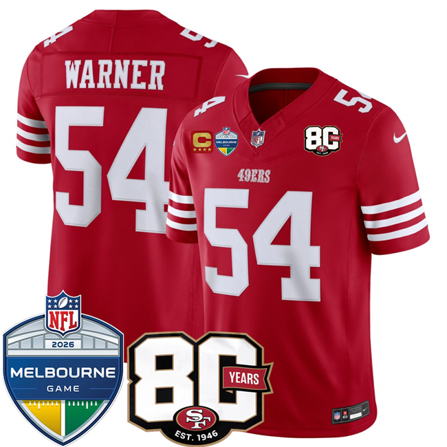 Men's San Francisco 49ers #54 Fred Warner Red 80th Anniversary And Melbourne Game Patch 2026 F.U.S.E. Vapor Untouchabl2026 F.U.S.E. Vapor Untouchable Limited Stitched Football Jersey