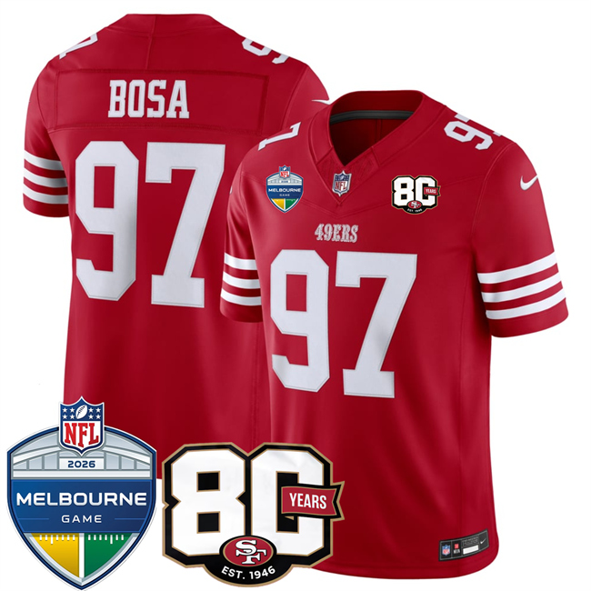 Men's San Francisco 49ers #97 Nick Bosa Red 80th Anniversary And Melbourne Game Patch 2026 F.U.S.E. Vapor Untouchabl2026 F.U.S.E. Vapor Untouchable Limited Stitched Football Jersey