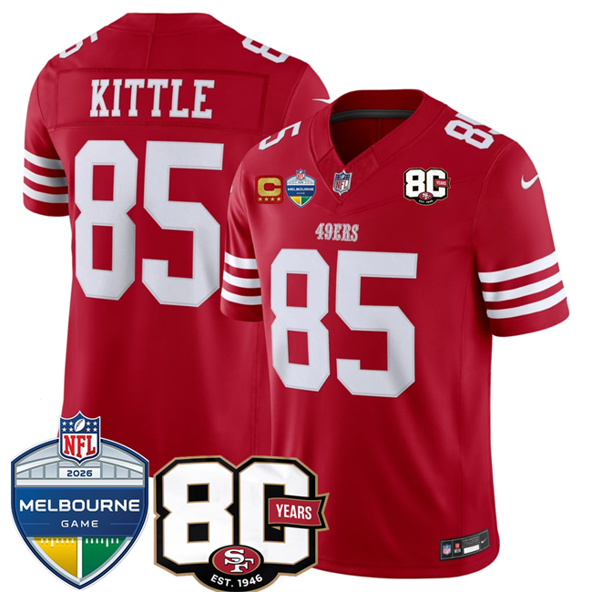 Men's San Francisco 49ers #85 George kittle Red 80th Anniversary And Melbourne Game Patch 2026 F.U.S.E. Vapor Untouchabl2026 F.U.S.E. Vapor Untouchable Limited Stitched Football Jersey