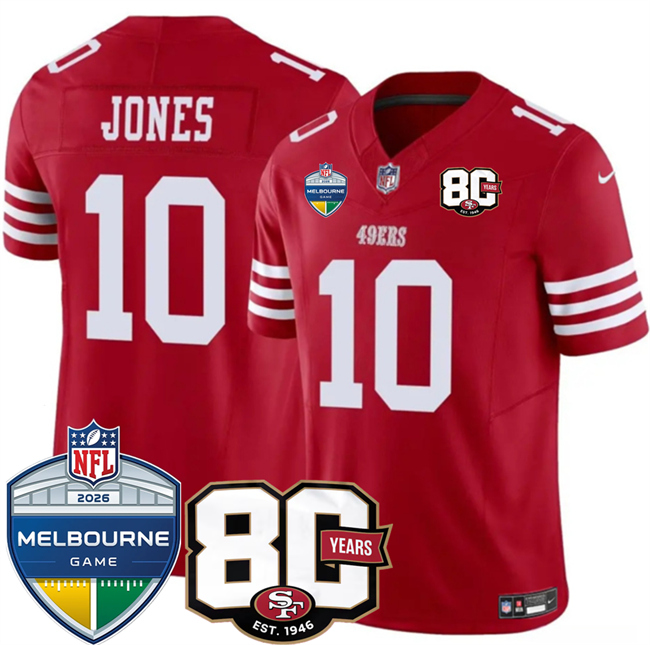 Men's San Francisco 49ers #10 Mac Jones Red 80th Anniversary And Melbourne Game Patch 2026 F.U.S.E. Vapor Untouchabl2026 F.U.S.E. Vapor Untouchable Limited Stitched Football Jersey