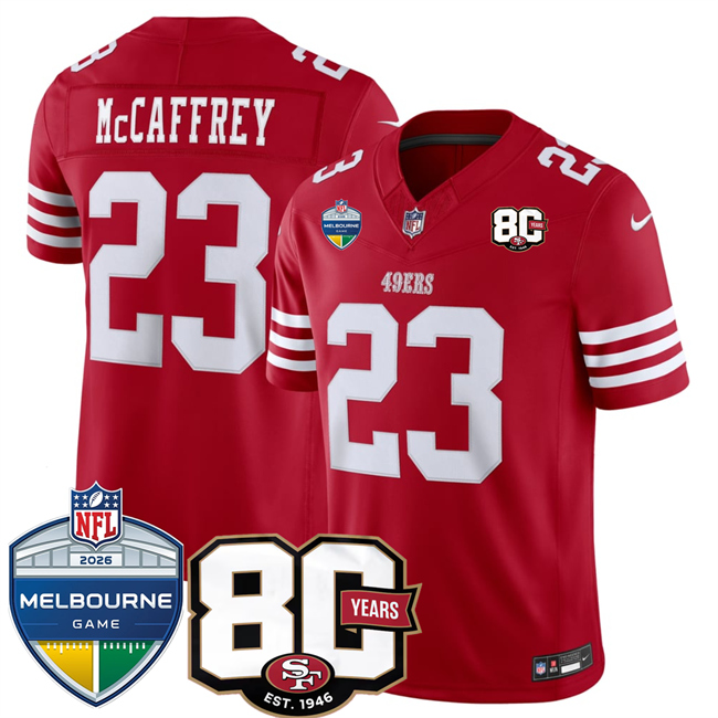 Men's San Francisco 49ers #23 Christian McCaffrey Red 80th Anniversary And Melbourne Game Patch 2026 F.U.S.E. Vapor Untouchabl2026 F.U.S.E. Vapor Untouchable Limited Stitched Football Jersey