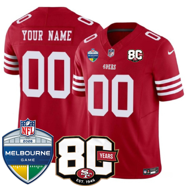Men & Women & Youth San Francisco 49ers Custom Red 80th Anniversary And Melbourne Game Patch 2026 F.U.S.E. Vapor Untouchabl2026 F.U.S.E. Vapor Untouchable Limited Stitched Football Jersey