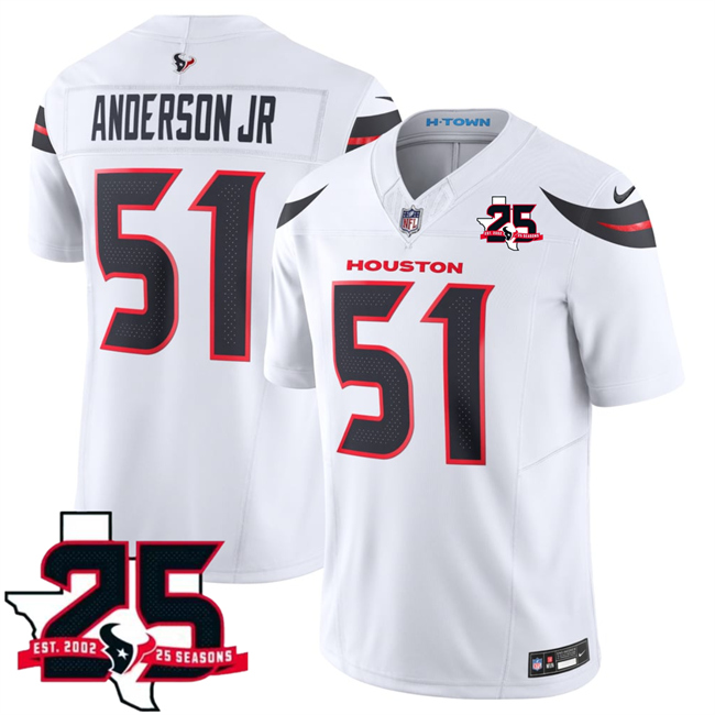 Men's Houston Texans #51 Will Anderson Jr.  White 2026 25th Anniversary Patch F.U.S.E. Vapor Limited Stitched Football Jersey