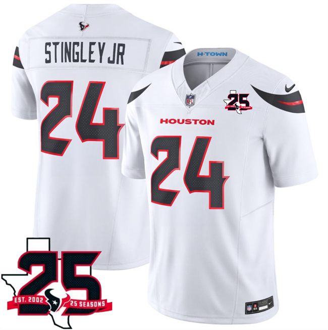Men's Houston Texans #24 Derek Stingley Jr. White 2026 25th Anniversary Patch F.U.S.E. Vapor Limited Stitched Football Jersey