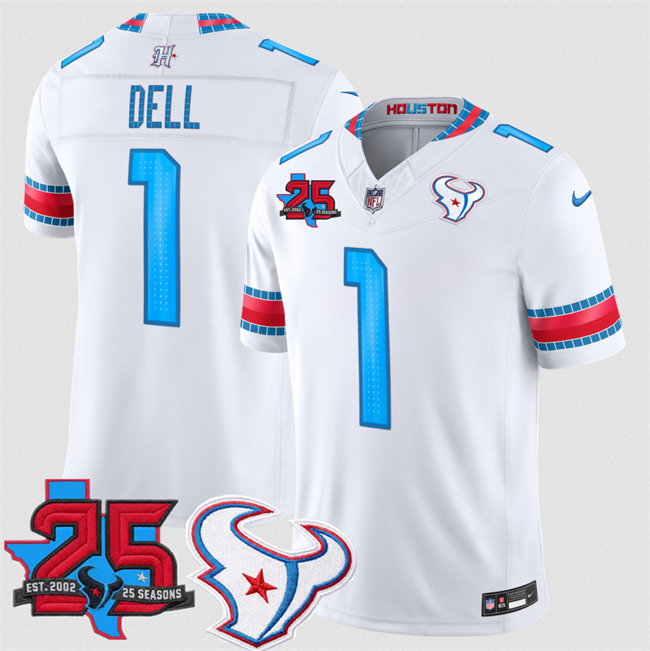 Men's Houston Texans #1 Tank Dell White 2026 25th Anniversary Patch F.U.S.E. 'HOUSTON_US' Rivalries Collection Limited Stitched Football Jersey