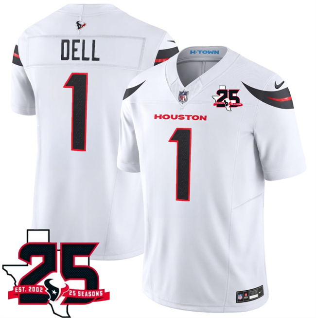 Men's Houston Texans #1 Tank Dell White 2026 25th Anniversary Patch F.U.S.E. Vapor Limited Stitched Football Jersey