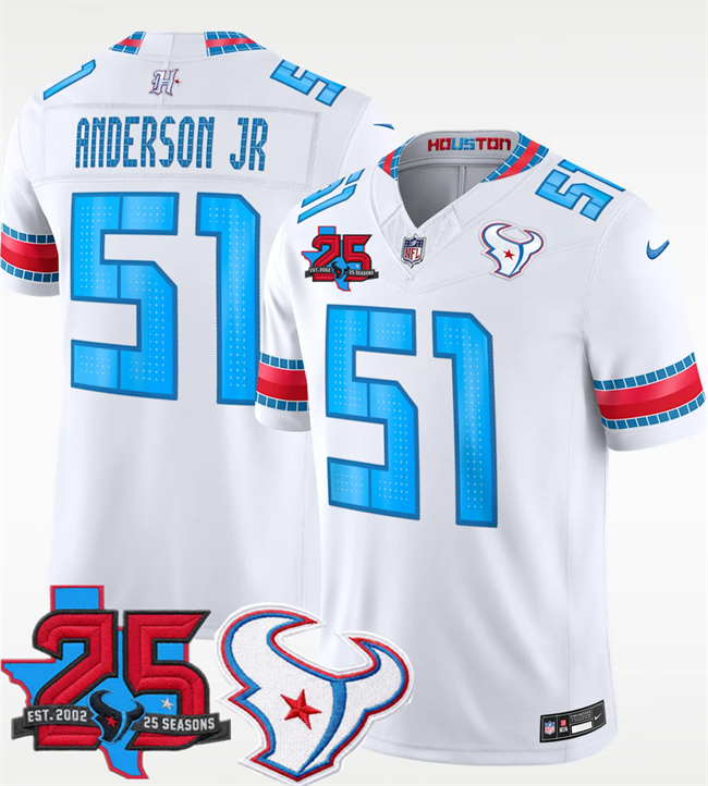 Men's Houston Texans #51 Will Anderson Jr. White 2026 25th Anniversary Patch F.U.S.E. 'HOUSTON_US' Rivalries Collection Limited Stitched Football Jersey