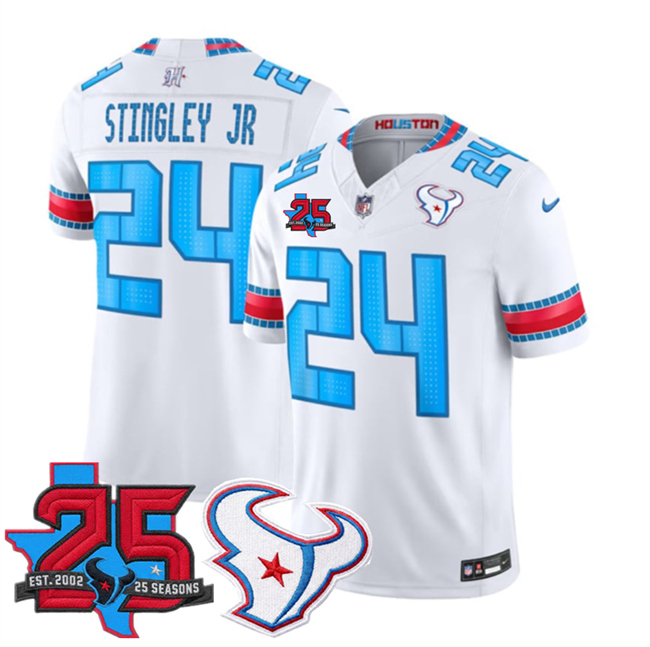 Men's Houston Texans #24 Derek Stingley Jr. White 2026 25th Anniversary Patch F.U.S.E. 'HOUSTON_US' Rivalries Collection Limited Stitched Football Jersey