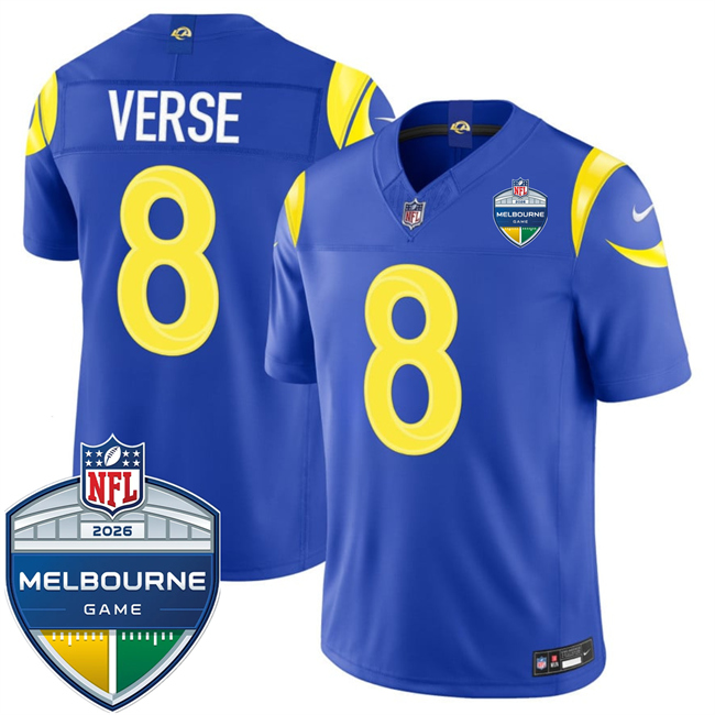 Men's Los Angeles Rams #8 Jared Verse Royal 2026 F.U.S.E. Melbourne Game Patch Vapor Limited Stitched Football Jersey