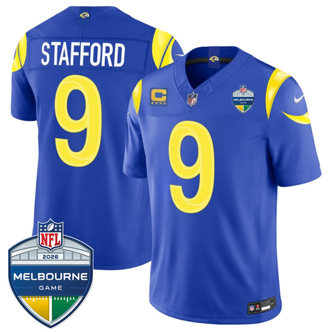Men's Los Angeles Rams #9 Matthew Stafford Royal 2026 F.U.S.E. 4-Star C Patch And Melbourne Game Patch Vapor Limited Stitched Football Jersey