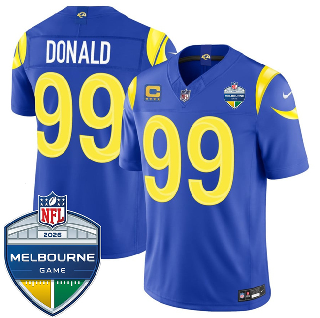 Men's Los Angeles Rams #99 Aaron Donald Royal 2026 F.U.S.E. 4-Star C Patch And Melbourne Game Patch Vapor Limited Stitched Football Jersey