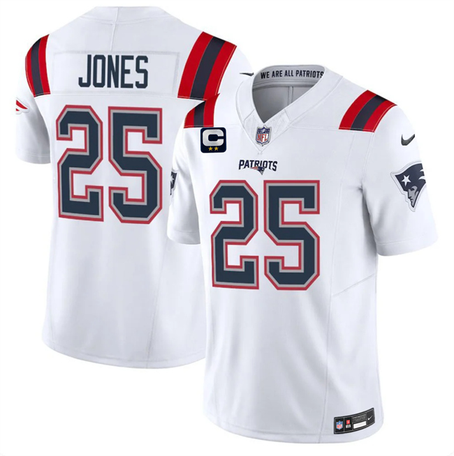 Men's New England Patriots #25 Marcus Jones White 2026 F.U.S.E.  2-Star C Pach Vapor Limited Stitched Football Jersey