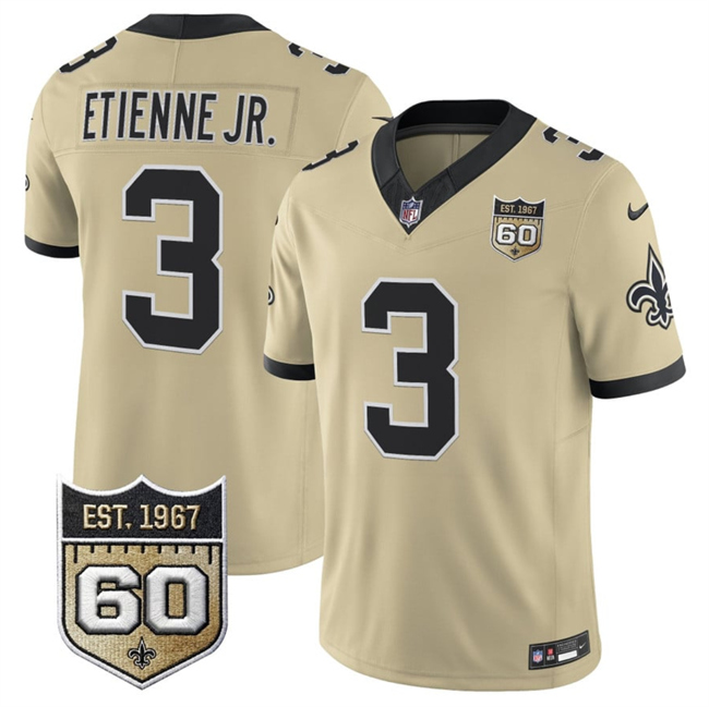Men's New Orleans Saints #3 Travis Etienne Jr. Gold 2026 F.U.S.E 60th Anniversary Patch Vapor Limited Football Stitched Jersey