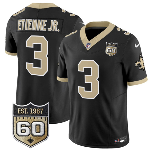 Men's New Orleans Saints #3 Travis Etienne Jr Black 2026 F.U.S.E 60th Anniversary Patch Vapor Limited Football Stitched Jersey