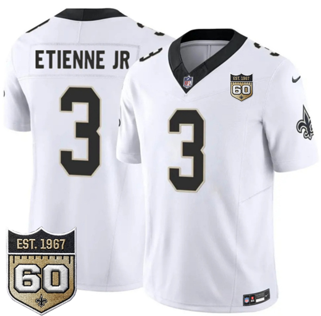 Men's New Orleans Saints #3 Travis Etienne Jr White 2026 F.U.S.E 60th Anniversary Patch Vapor Limited Football Stitched Jersey