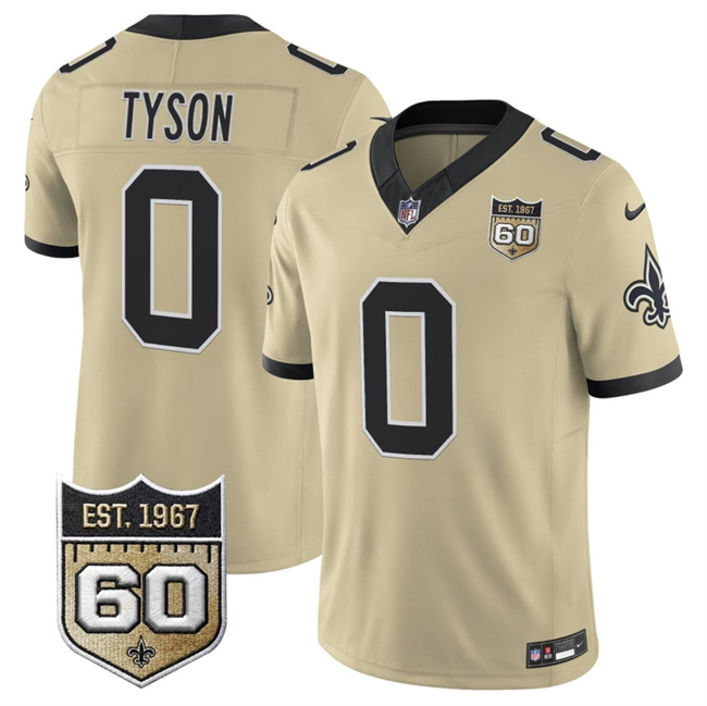 Men's New Orleans Saints #0 Jordyn Tyson Gold 2026 F.U.S.E 60th Anniversary Patch Vapor Limited Football Stitched Jersey