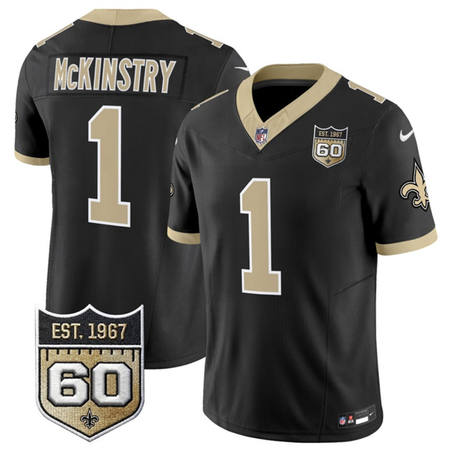 Men's New Orleans Saints #1 Kool-Aid McKinstry Black 2026 F.U.S.E 60th Anniversary Patch Vapor Limited Football Stitched Jersey