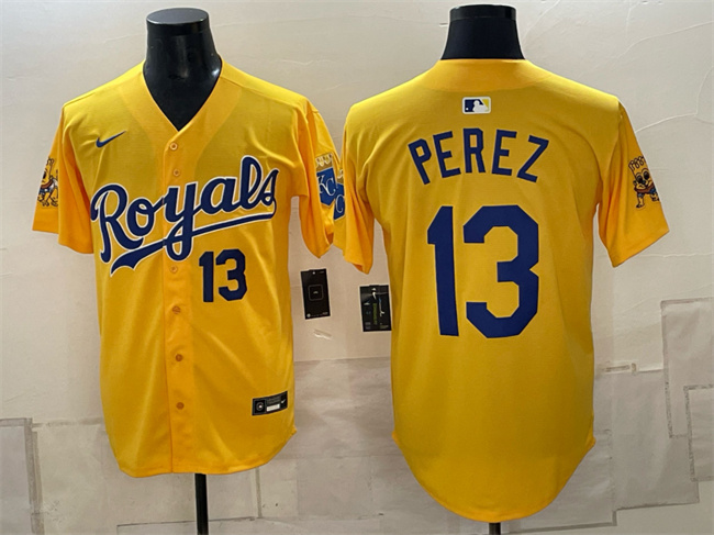 Men's Kansas City Royals #13 Salvador Perez Gold Sluggerrr Patch Vapor Limited Stitched Baseball Jersey