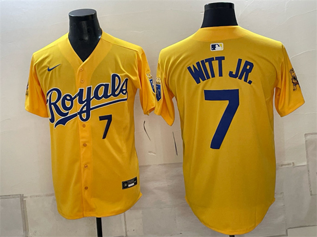 Men's Kansas City Royals #7 Bobby Witt Jr. Gold Sluggerrr Patch Vapor Limited Stitched Baseball Jersey