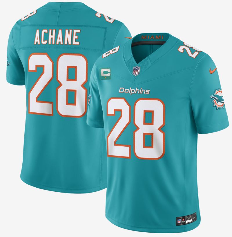 Men's Miami Dolphins #28 De'Von Achane Aqua 2026 F.U.S.E. 1-Star C Patch Vapor Limited Stitched Football Jersey