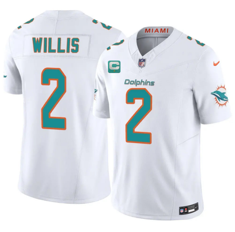 Men's Miami Dolphins #2 Malik Willis White 2026 F.U.S.E. 1-Star C Patch Vapor Limited Stitched Football Jersey
