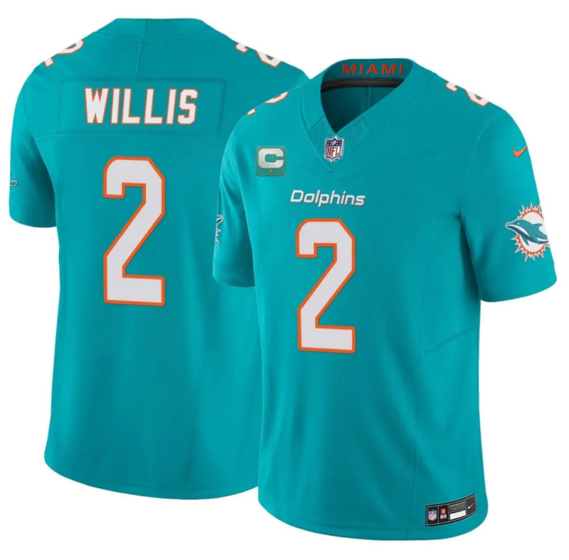 Men's Miami Dolphins #2 Malik Willis Aqua 2026 F.U.S.E. 1-Star C Patch Vapor Limited Stitched Football Jersey