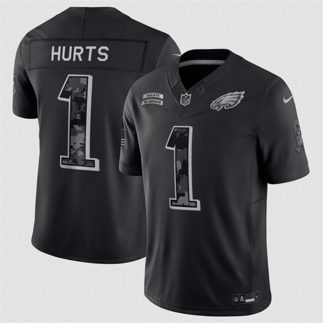 Men's Philadelphia Eagles #1 Jalen Hurts Black F.U.S.E. 2026 Salute to Service Limited Stitched Football Jersey