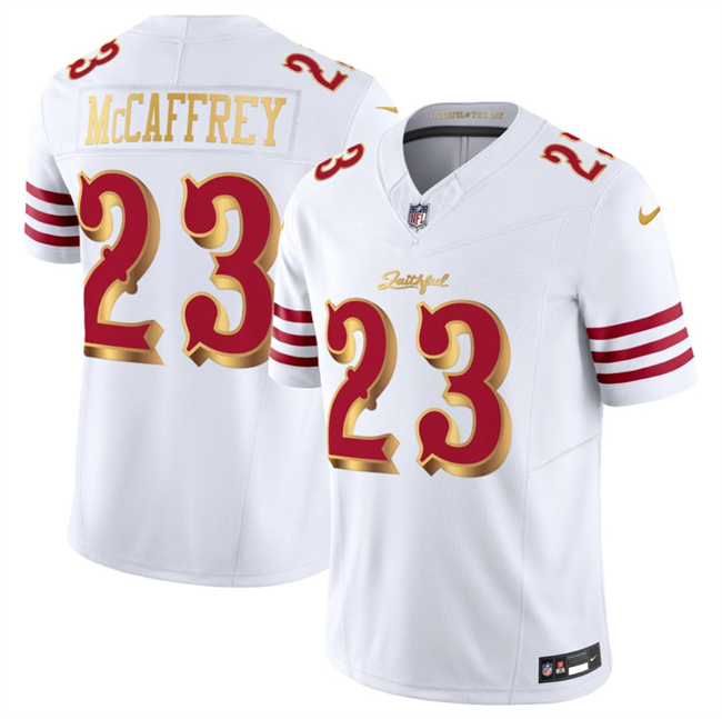 Women's San Francisco 49ers #23 Christian McCaffrey White Gold 2025 F.U.S.E. “Rivalries” Vapor Limited Stitched Football Jersey(Run Small)