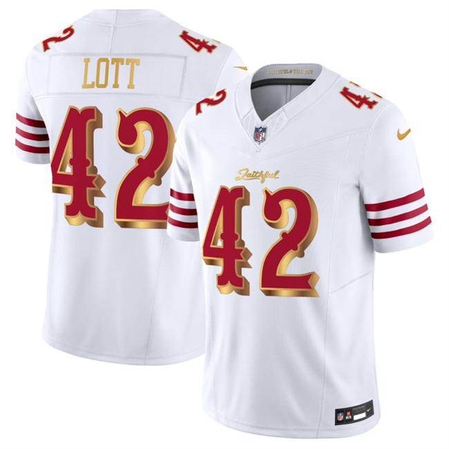 Women's San Francisco 49ers #42 Ronnie Lott White Gold 2025 F.U.S.E. “Rivalries” Vapor Limited Stitched Football Jersey(Run Small)