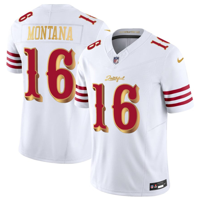 Women's San Francisco 49ers #16 Joe Montana White Gold 2025 F.U.S.E. “Rivalries” Vapor Limited Stitched Football Jersey(Run Small)
