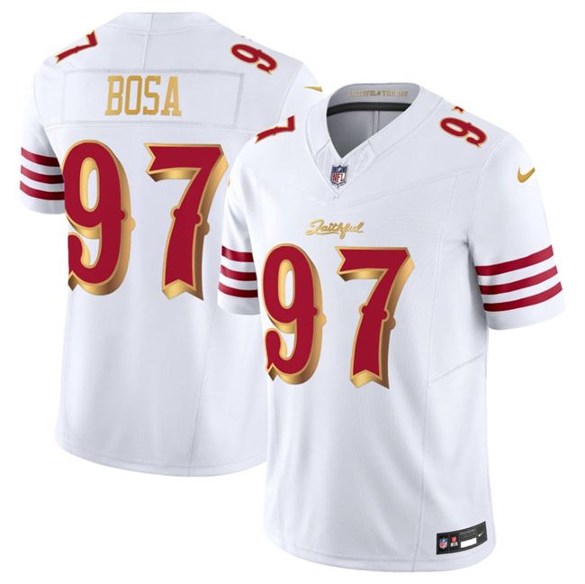 Women's San Francisco 49ers #97 Nick Bosa White Gold 2025 F.U.S.E. “Rivalries” Vapor Limited Stitched Football Jersey(Run Small)