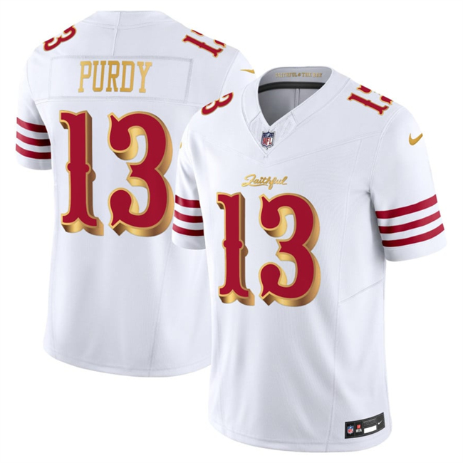 Women's San Francisco 49ers #13 Brock Purdy White Gold 2025 F.U.S.E. “Rivalries” Vapor Limited Stitched Football Jersey(Run Small)