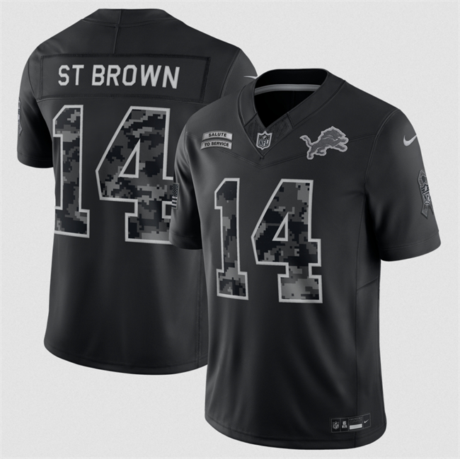 Women's Detroit Lions #14 Amon-Ra St. Brown Black 2026 Salute to Service Limited Stitched Football Jersey(Run Small)