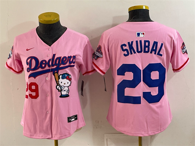 Youth Los Angeles Dodgers #29 Tarik Skubal Pink Hello Kitty Night 2025 World Series Champions Patch Stitched Baseball Jersey