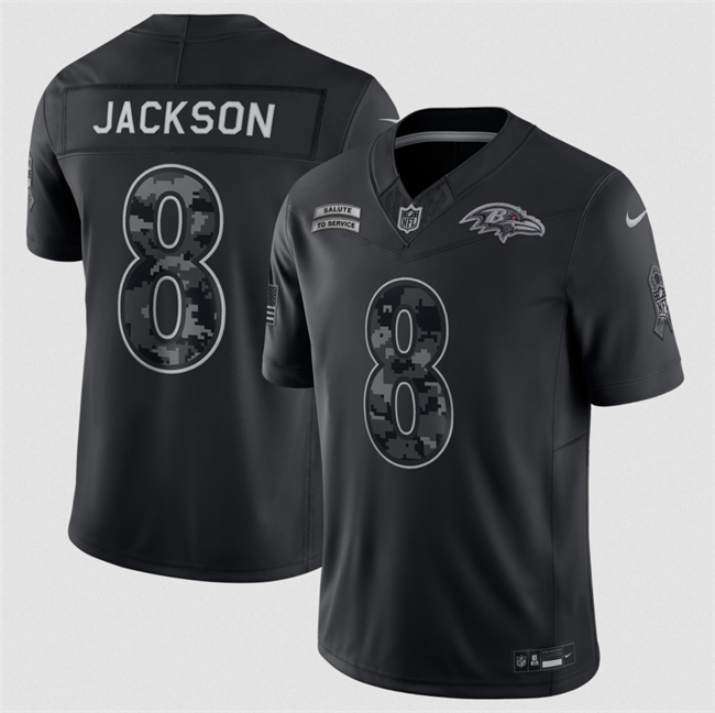 Men's Baltimore Ravens #8 Lamar Jackson Black F.U.S.E. 2026 Salute to Service Limited Stitched Football Jersey