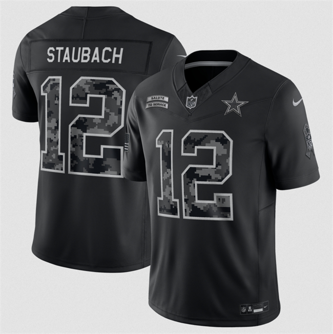 Men's Dallas Cowboys #12 Roger Staubach #54 Fred Warner Black F.U.S.E. 2026 Salute to Service Limited Stitched Football Jersey