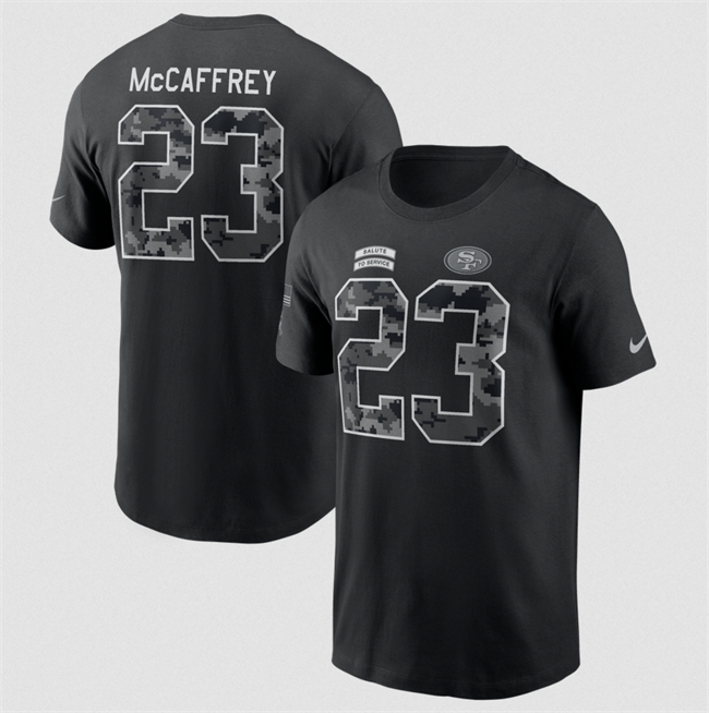 Men's San Francisco 49ers #23 Christian McCaffrey Black 2026 Salute to Service Name & Number T-Shirt