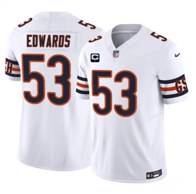 Men's Chicago Bears #53 T.J. Edwards White 2026 F.U.S.E. 1-Star C Patch Vapor Untouchable Limited Stitched Football Jersey