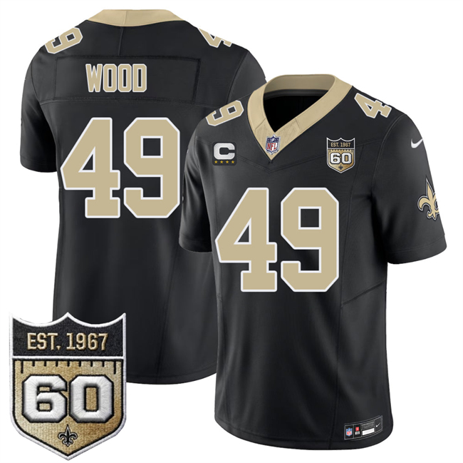 Men's New Orleans Saints #49 Zach Wood Black 2026 F.U.S.E With 4-Star C Patch And 60th Anniversary Patch Vapor Limited Football Stitched Jersey