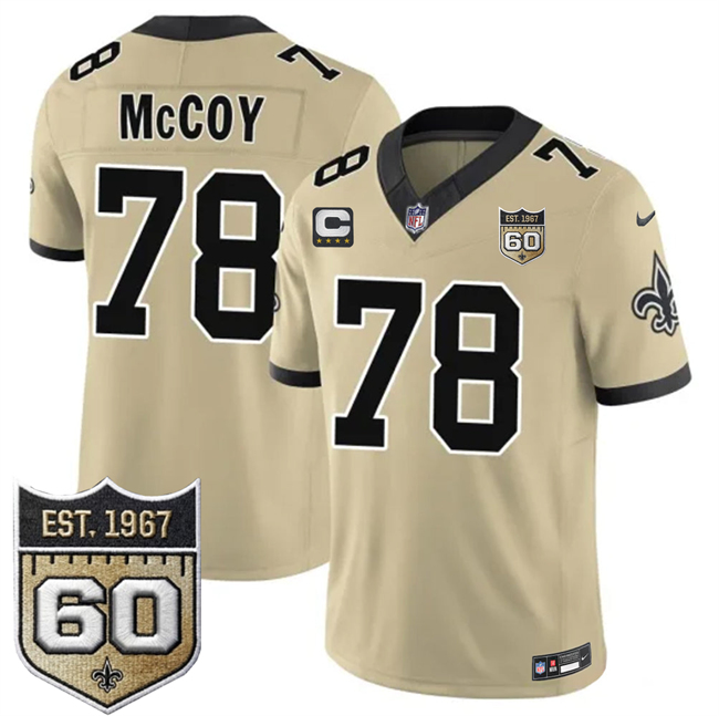 Men's New Orleans Saints #78 Erik McCoy Gold 2026 F.U.S.E With 3-Star C Patch And 60th Anniversary Patch Vapor Limited Football Stitched Jersey