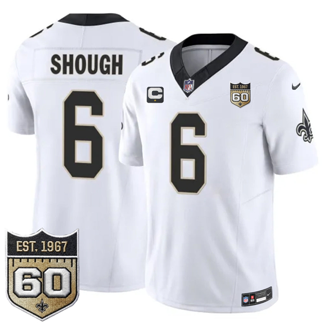 Men's New Orleans Saints #6 Tyler Shough White 2026 F.U.S.E With 1-Star C Patch And 60th Anniversary Patch Vapor Limited Football Stitched Jersey
