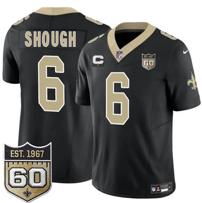 Men's New Orleans Saints #6 Tyler Shough Black 2026 F.U.S.E With 1-Star C Patch And 60th Anniversary Patch Vapor Limited Football Stitched Jersey