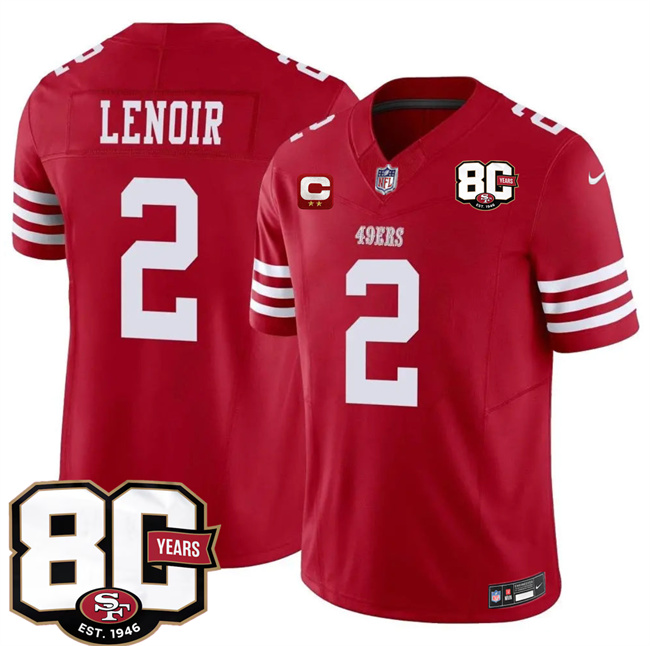Men's San Francisco 49ers #2 Deommodore Lenoir Red 2026 F.U.S.E. With 80th Anniversary & 2-Star C Patch Vapor Untouchabl Limited Stitched Football Jersey