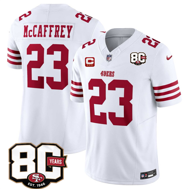 Men's San Francisco 49ers #23 Christian McCaffrey White 2026 F.U.S.E. With 80th Anniversary & 3-Star C Patch Vapor Untouchabl Limited Stitched Football Jersey