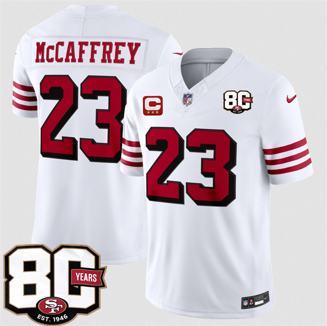 Men's San Francisco 49ers #23 Christian McCaffrey New White 2026 F.U.S.E. With 80th Anniversary & 3-Star C Patch Vapor Untouchabl Limited Stitched Football Jersey