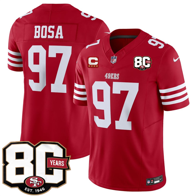 Men's San Francisco 49ers #97 Nick Bosa Red 2026 F.U.S.E. With 80th Anniversary & 4-Star C Patch Vapor Untouchabl Limited Stitched Football Jersey