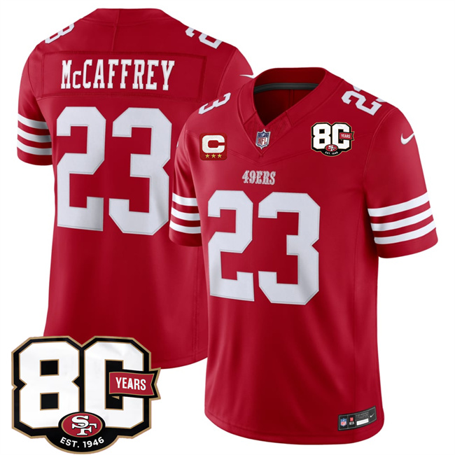 Men's San Francisco 49ers #23 Christian McCaffrey Red 2026 F.U.S.E. With 80th Anniversary & 3-Star C Patch Vapor Untouchabl Limited Stitched Football Jersey
