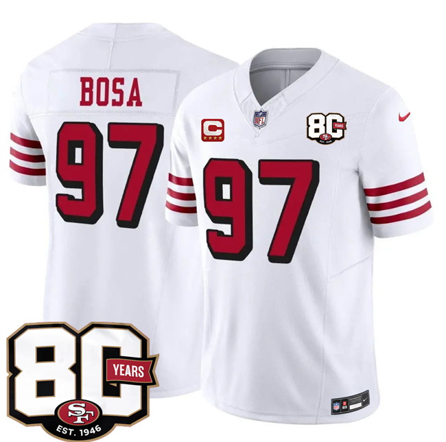 Men's San Francisco 49ers #97 Nick Bosa New White 2026 F.U.S.E. With 80th Anniversary & 4-Star C Patch Vapor Untouchabl Limited Stitched Football Jersey