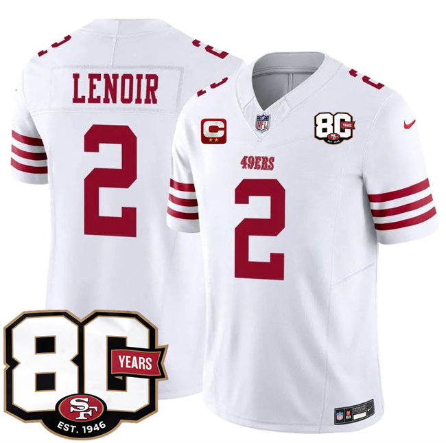 Men's San Francisco 49ers #2 Deommodore Lenoir White 2026 F.U.S.E. With 80th Anniversary & 2-Star C Patch Vapor Untouchabl Limited Stitched Football Jersey